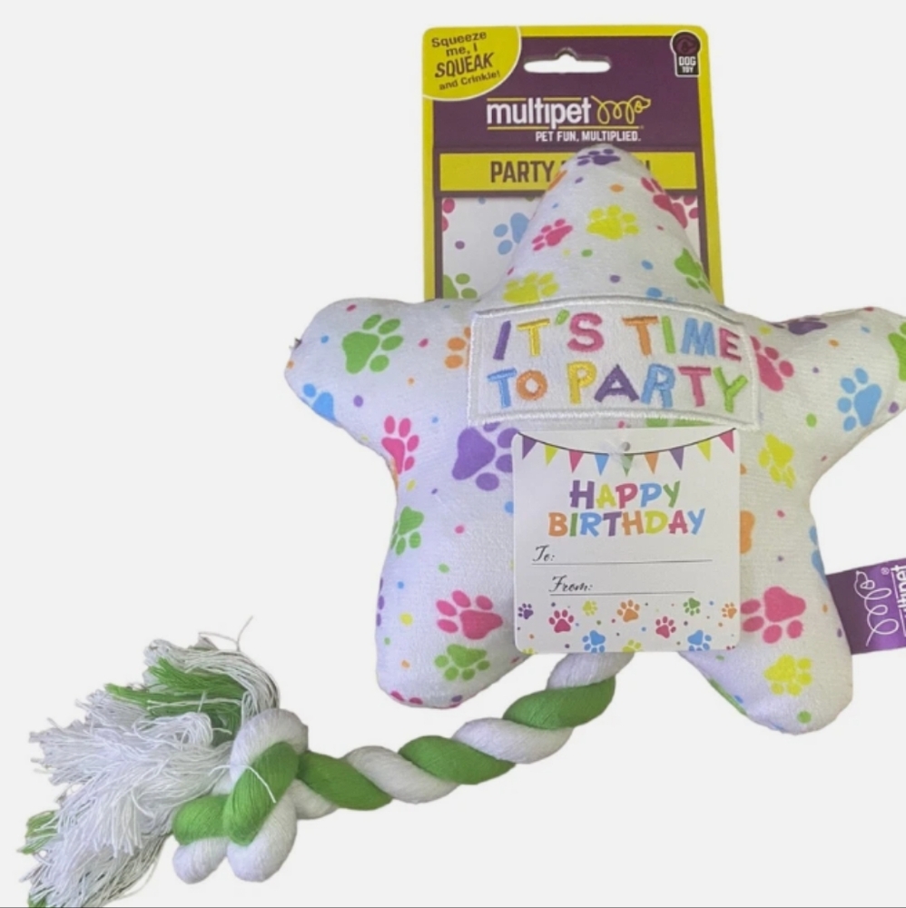 Party Star Dog Toy - White with Multicolor Paw Prints
